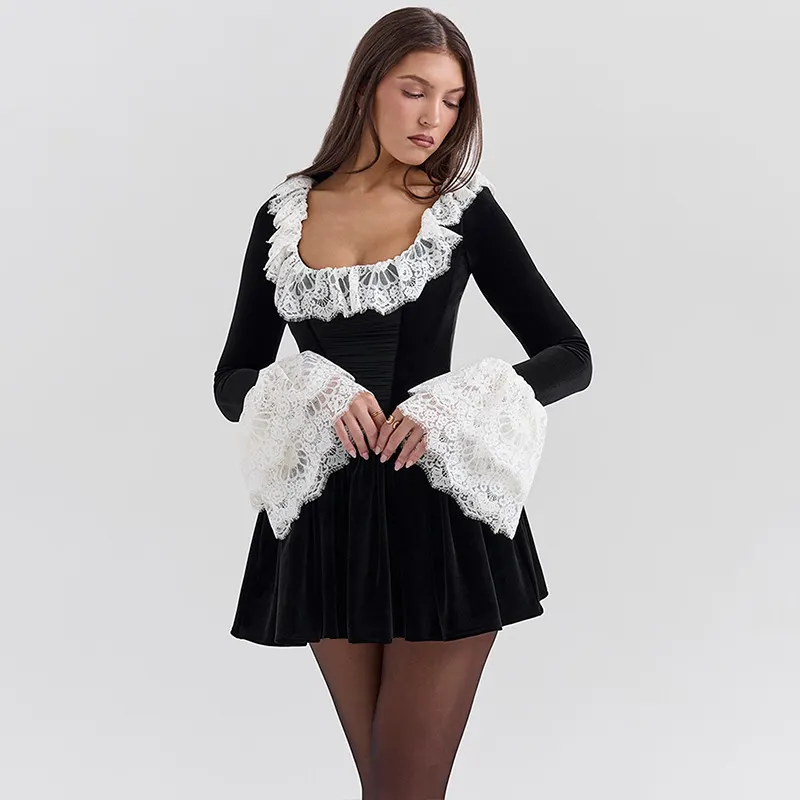 Uveng Uveng 2024 New Product Fashion Sexy Temperament French Court Lace Lace Velvet Long-Sleeved Dress
