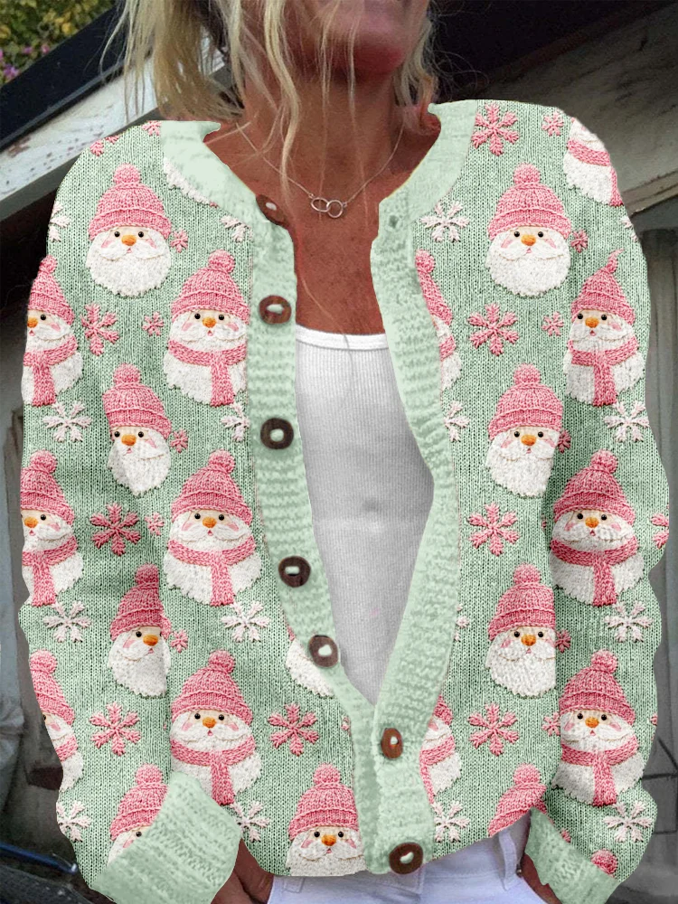 Cute Pastel Santa Claus Crew Neck Cozy Knit Cardigan