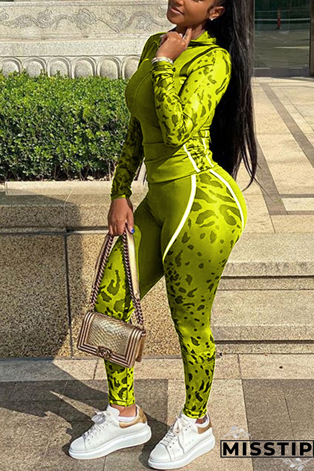 Fluorescent green Fashion Sports Camouflage Print Hooded Long Sleeve Two-Piece Suit