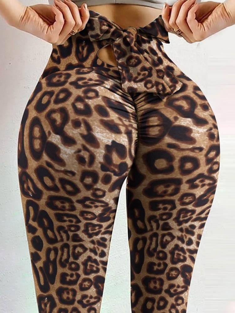 Cheetah Print High Waist Bowknot Design Skinny Yoga Pants
