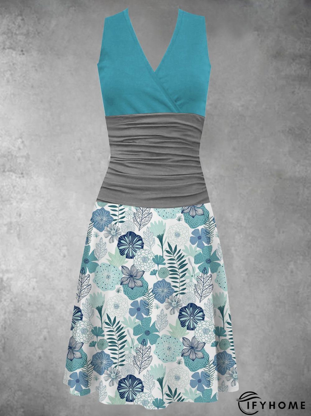 Hit Color Printing Stitching V-Neck Sleeveless Floral Cold Shoulders Knitting Dress | IFYHOME