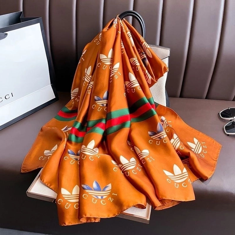 Women’s Fashion Letter Plaid Satin Printing Silk Scarves