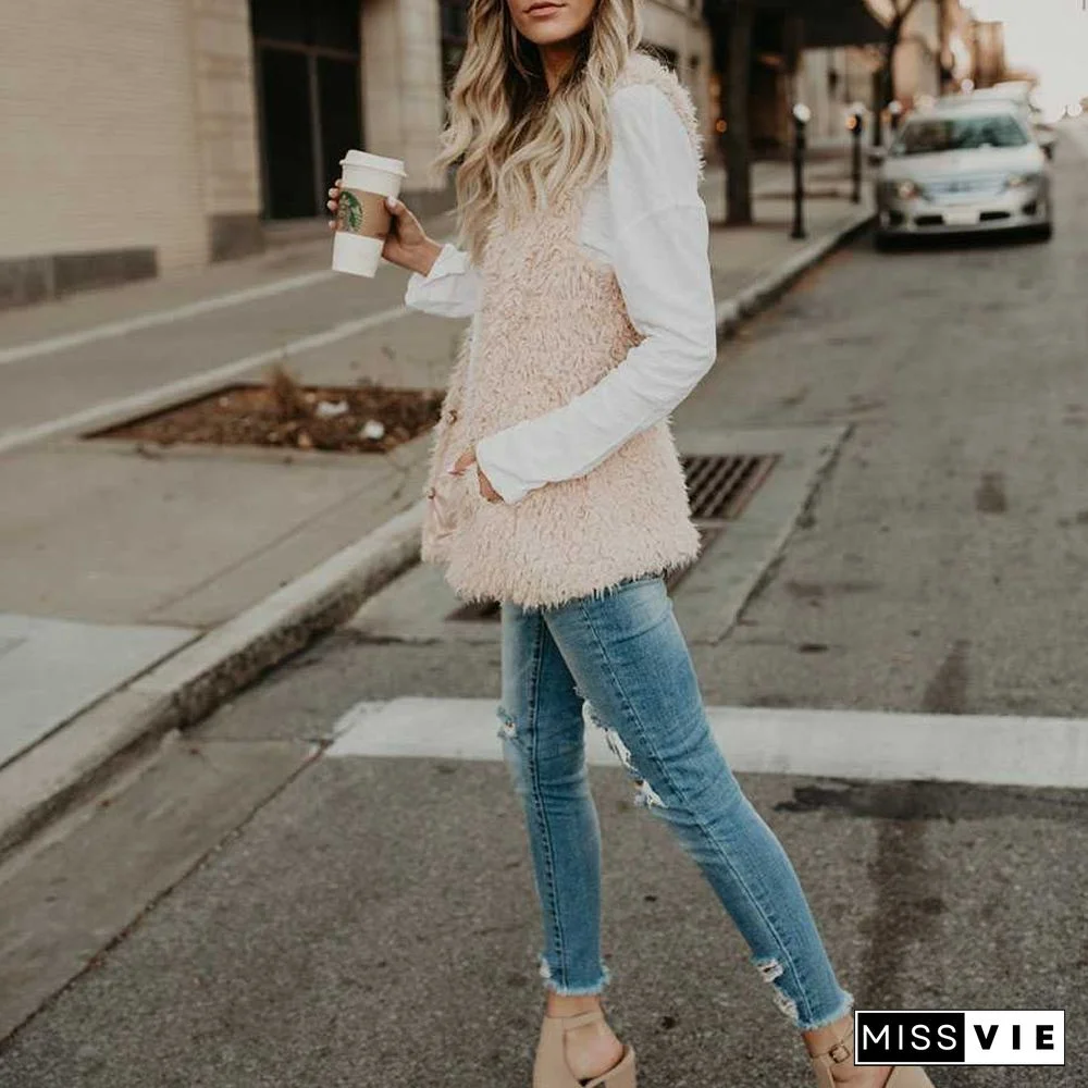 Fluffy Knitted Faux Wool Fur Sherpa Vest Womens