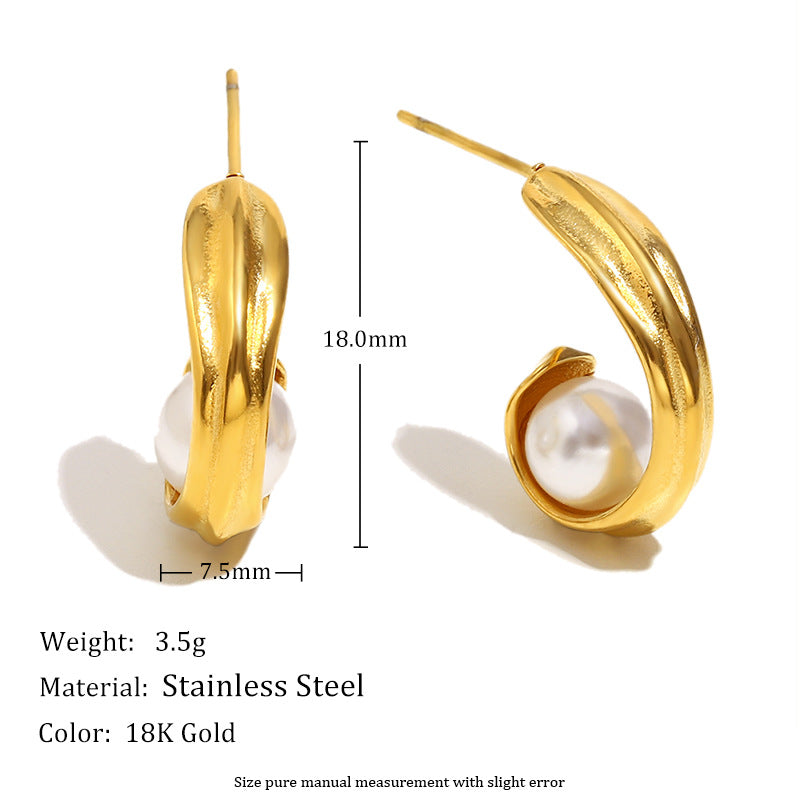 French Exquisite Stainless Steel Plated 18K Gold Curling Wrapped French Pearl Flower Earrings