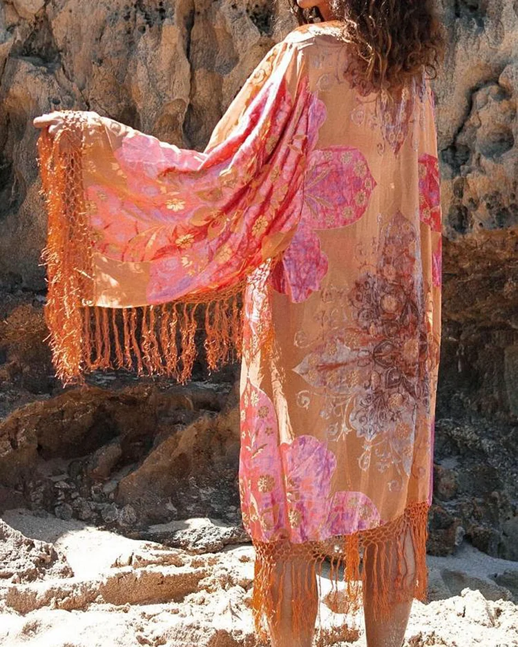 Printed Tassel Vintage Long Sleeve Kimono