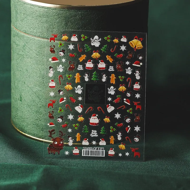 5D Nail Art Stickers Christmas SnowFlake Snowman Deer Tree Design Three-dimensional Frosted Thin Relief Nail Art Charms Decor-Nail Inspo
