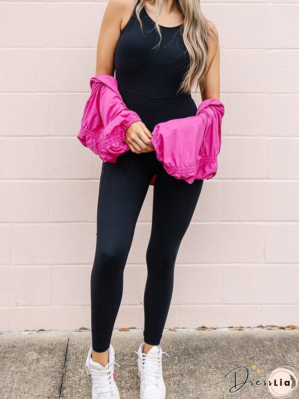Black Backless High Waist Sports Jumpsuit with Side Pockets