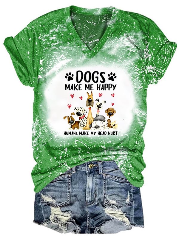 Short Sleeve V Neck Gradient dogs make me happy humans make my head hurt Letter Printed T-shirt