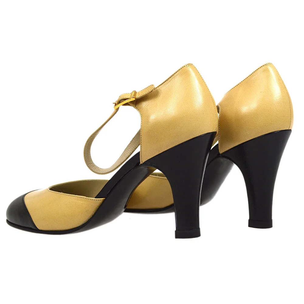Gold & Black Closed Round Toe Ankle Strappy Pumps With Block Heels Nicepairs