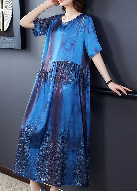 French Blue O-Neck Wrinkled Silk Holiday Dress Short Sleeve