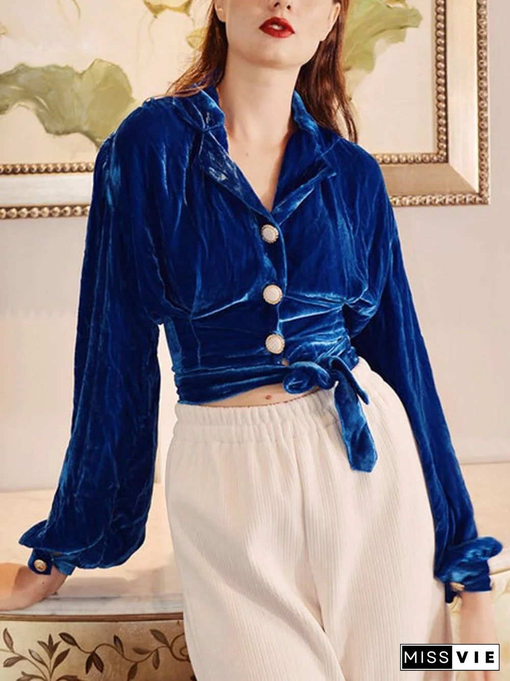 Royal Blue Lapel Plain Velvet Shirt