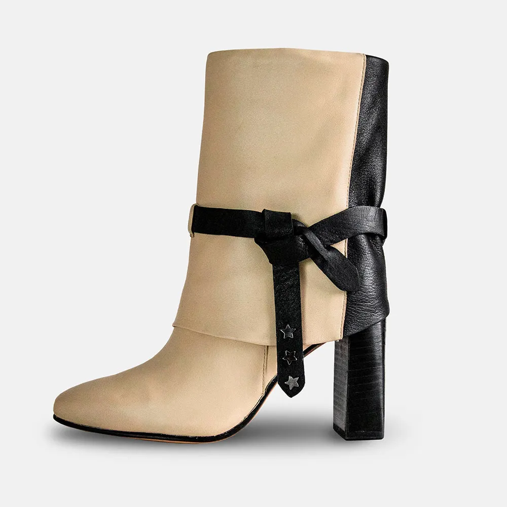 Chic Beige & Black Square Toe Chunky Heel Boots for Women with Zipper