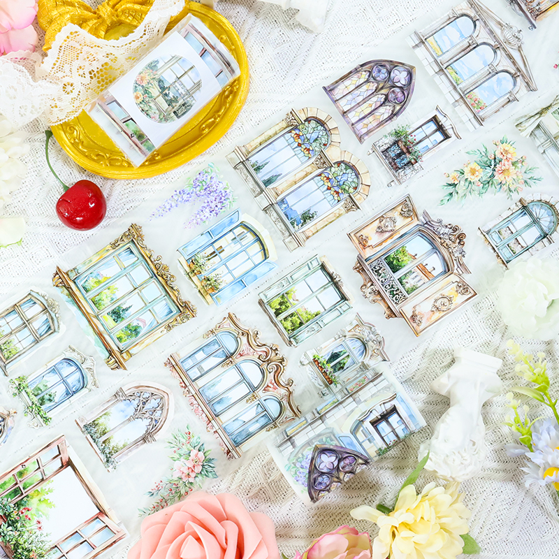 PET 테이프 - 70mm*200cm 빈티지 식물 꽃 장식용 창문 테이프