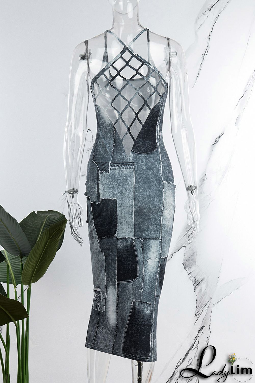 Dark Blue Sexy Print Patchwork Backless Spaghetti Strap Pencil Skirt Dresses