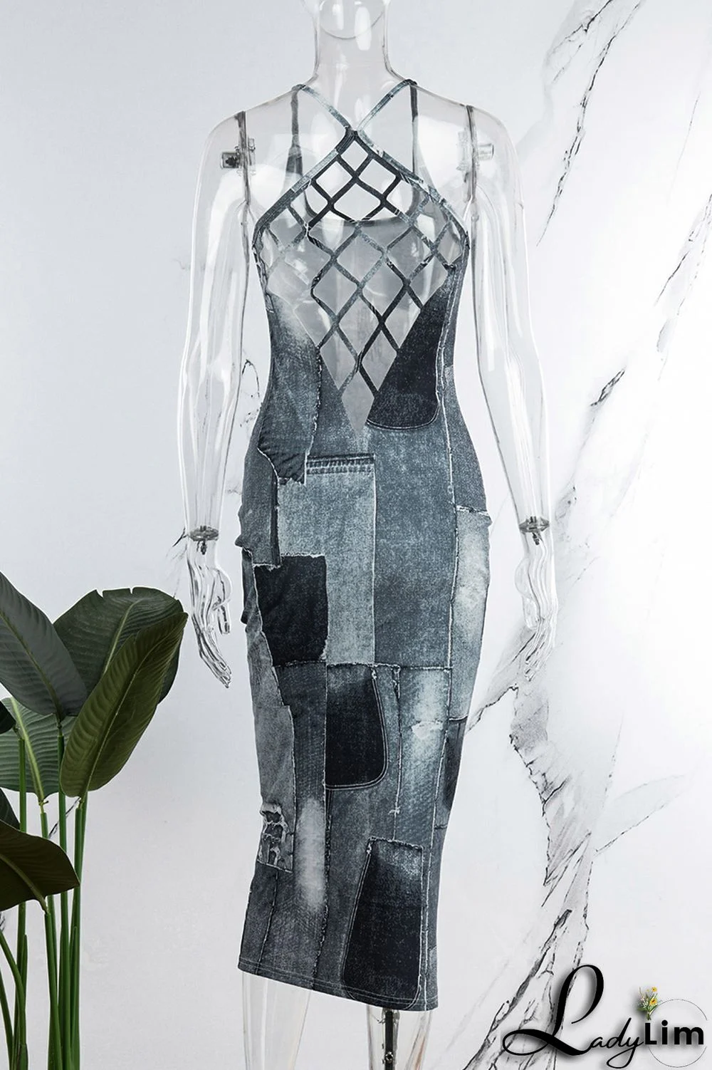 Dark Blue Sexy Print Patchwork Backless Spaghetti Strap Pencil Skirt Dresses