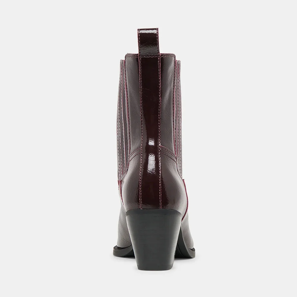 Maroon Mid Heeled Pointed Toe Slip On Chelsea Boots for Women