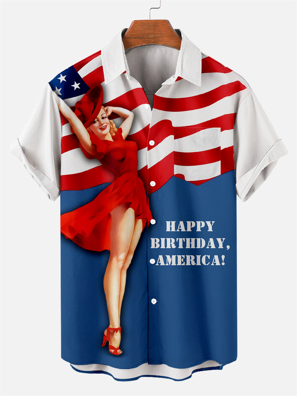 Men's American Flag Day Patchwork Art Creative Design Short Sleeve Shirt PLUSCLOTHESMAN