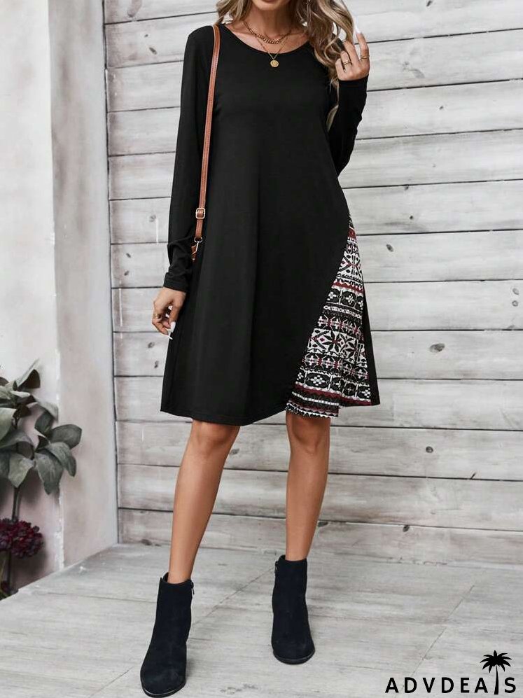 Fall Dress With Retro Pattern Patchwork, Women's Long-Sleeve Dress