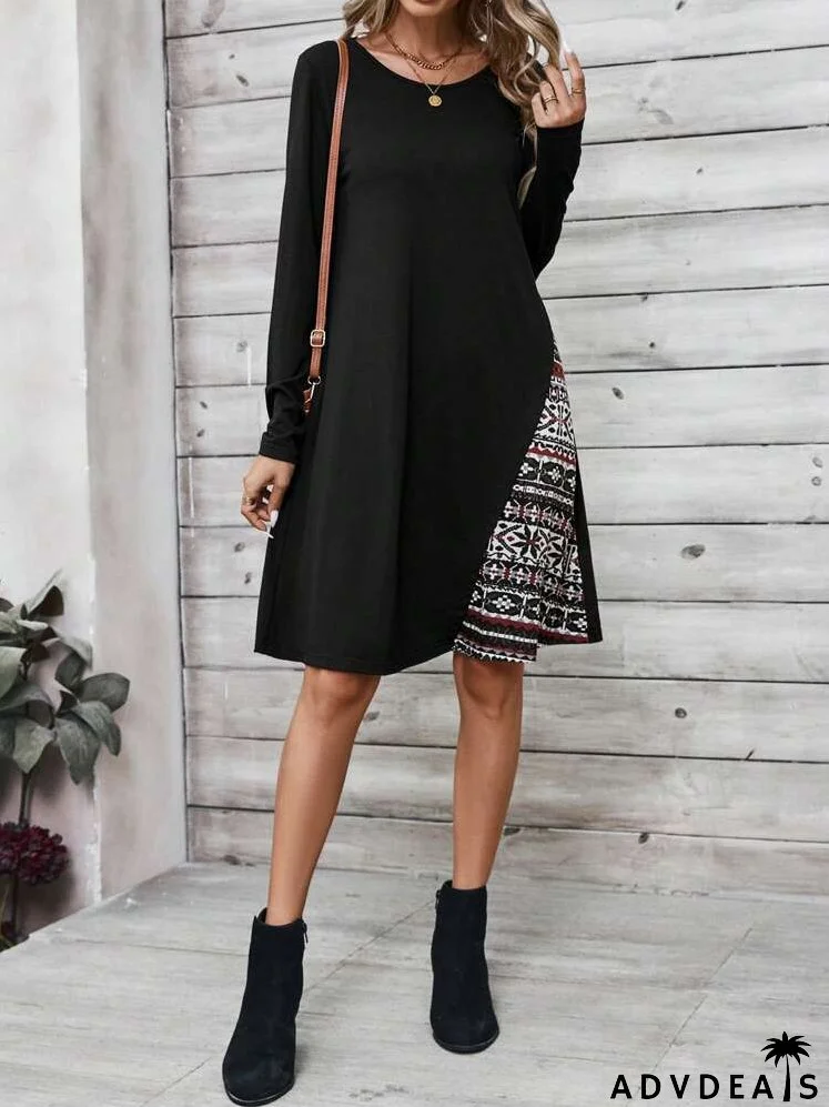 Fall Dress With Retro Pattern Patchwork, Women's Long-Sleeve Dress