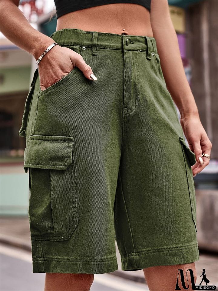MidiSono - Fashionable Cozy Elastic Short Cargo Pants for Ladies