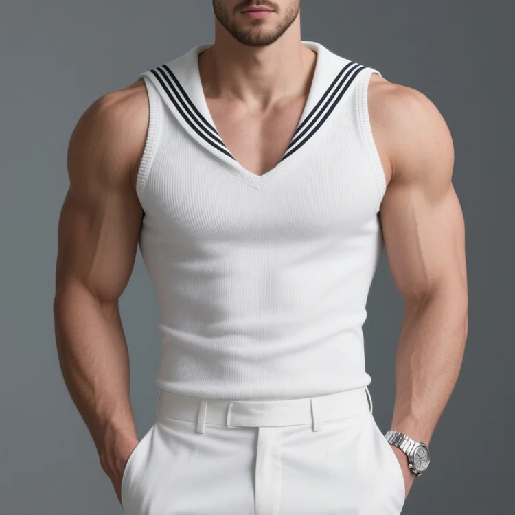Okaywear Sailor Collar Black Striped Sleeveless Knit Tank Top 