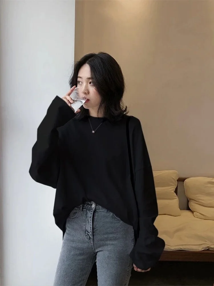 spring autumn Solid Simple  tshirt  long T Shirt Women kawaii T-shirts Women 90s White yellow long Sleeve Tops
