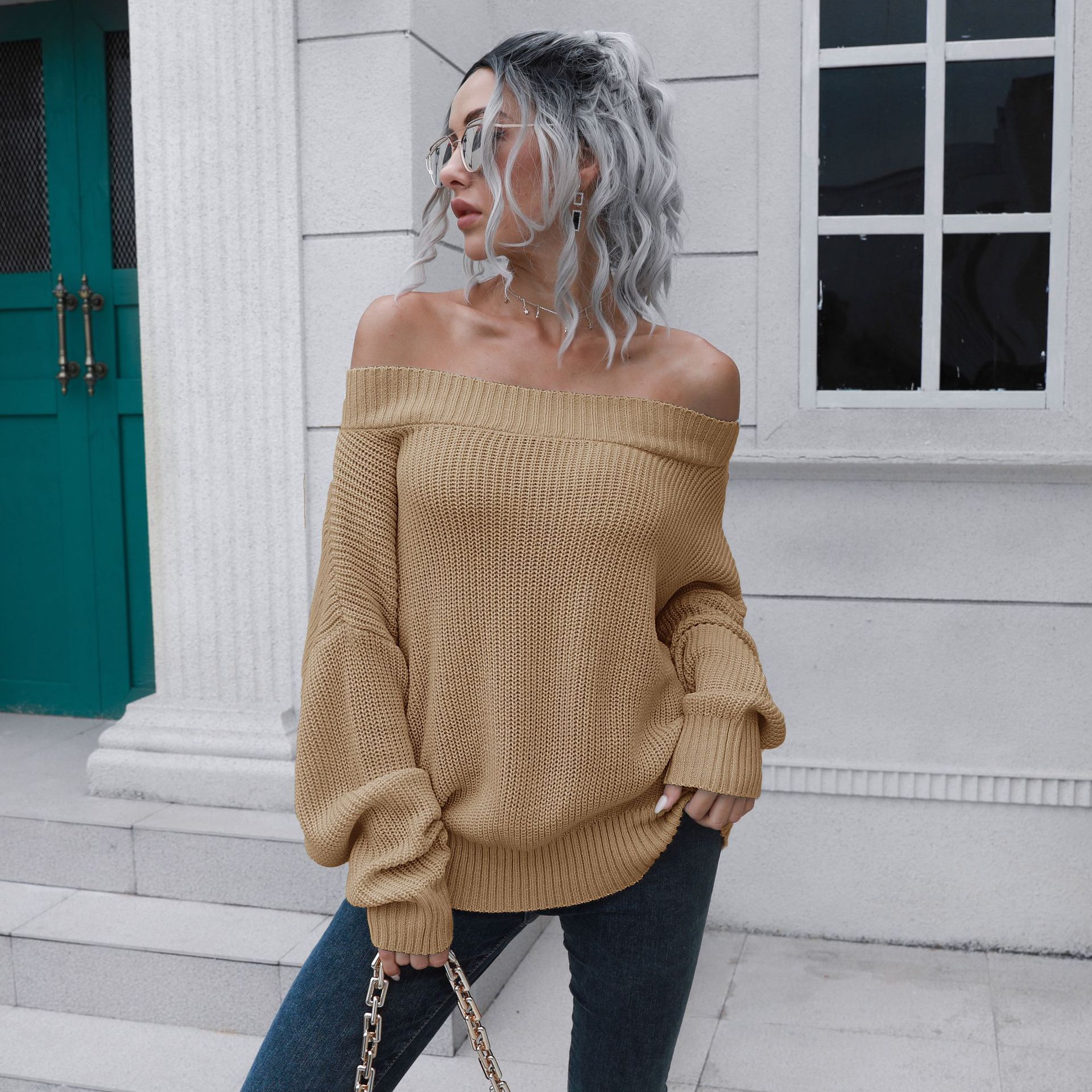 One-character Collar Shoulder Loose Long Sleeve Knitted Sweater