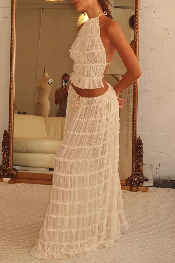 Versatility and Vintage Charm Top & Pleated Drawstring Waist Tiered Maxi Skirt