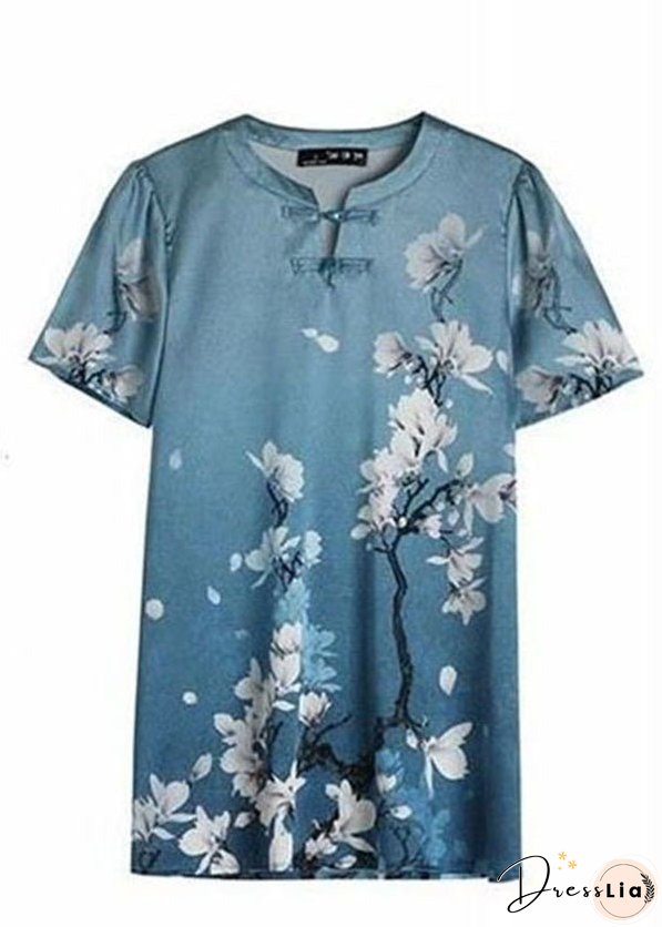 Style Sky Blue O-Neck Oriental Button Floral Print Silk Tank Top Short Sleeve