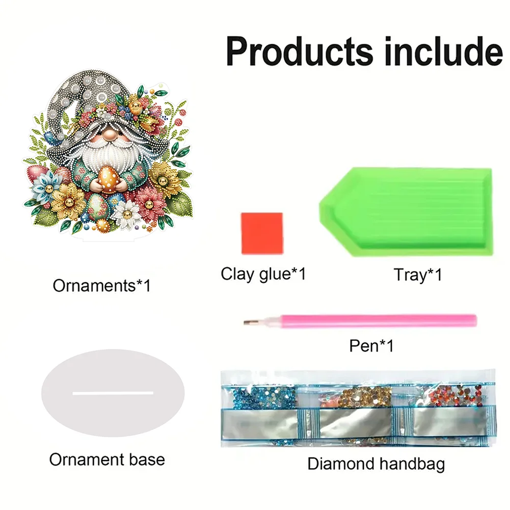 DIY Easter Egg Gnome Single-Sided Acrylic Diamond Painting Tabletop Ornament for Home Office Desktop Decor