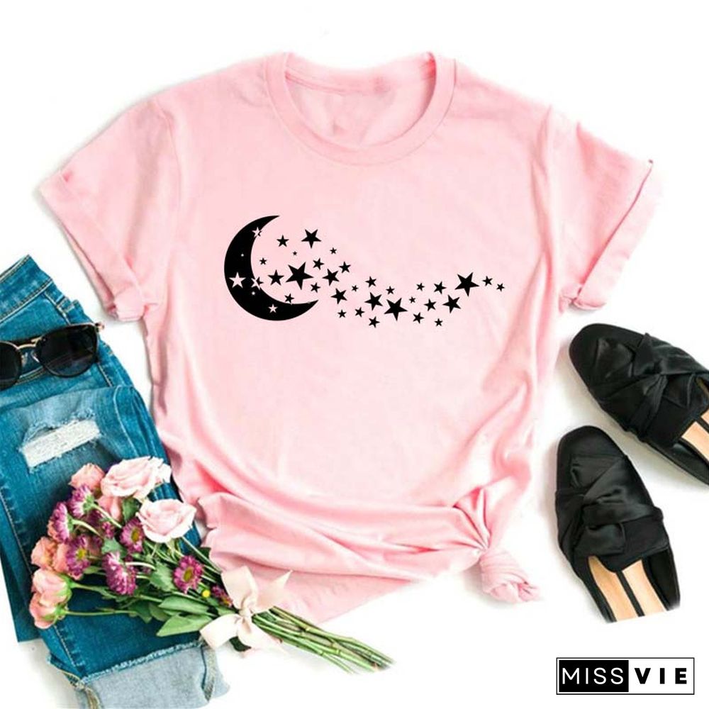 Maycaur Women Harajuku T Shirt New Moon Star Printed T Shirt O-Neck Summer Short Sleeve Tees Women Clothes Graphic T Shirts