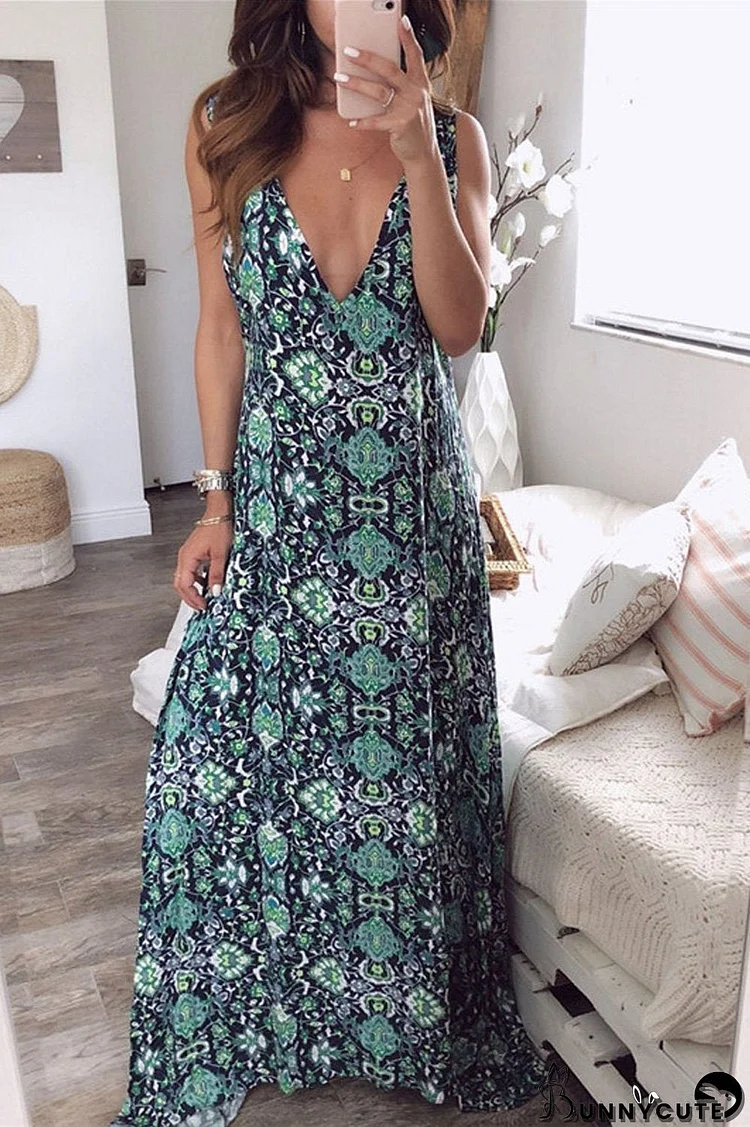 Deep V-Neck Sleeveless Maxi Dress