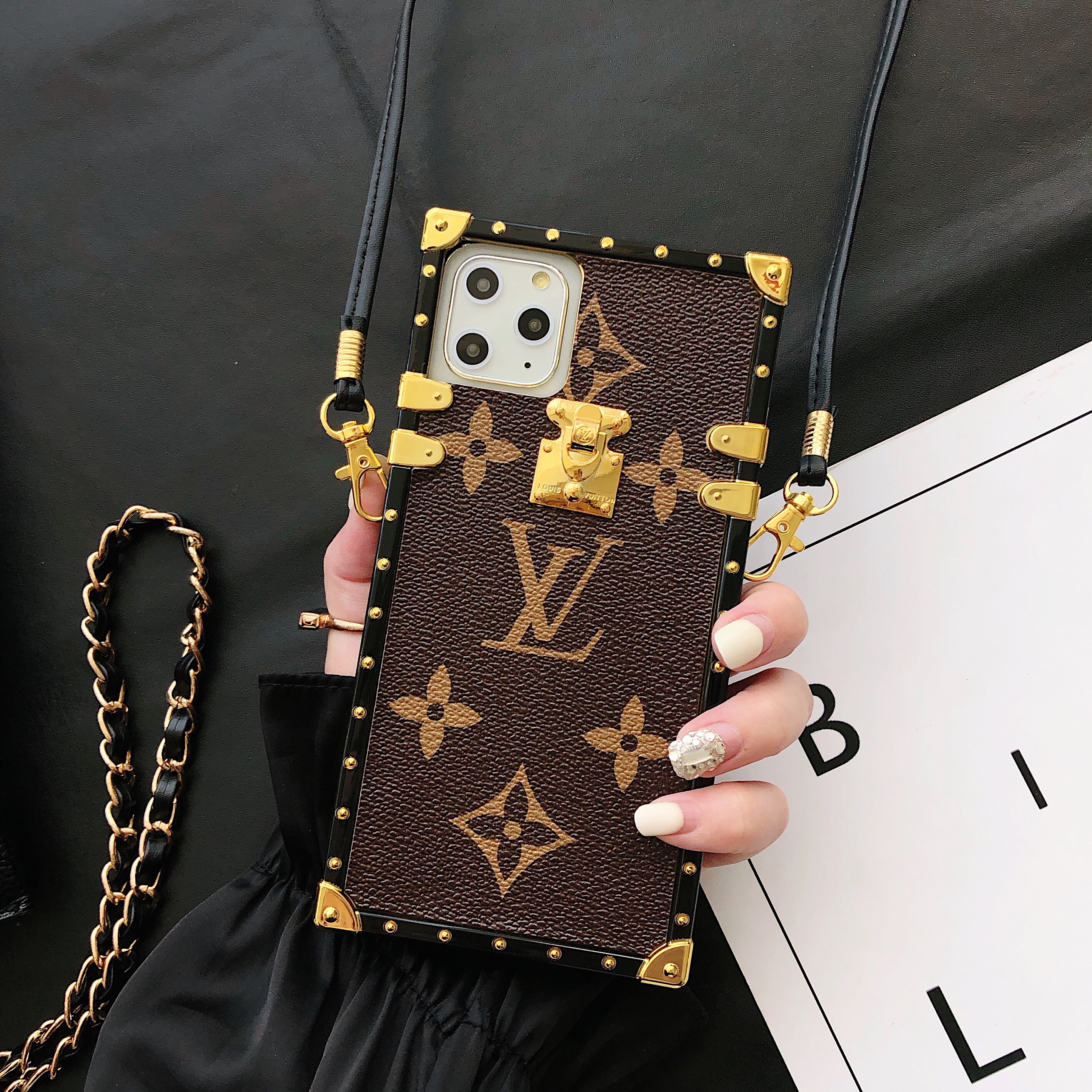 Glamorous LV Canvas Leather Apple iPhone Crossbody Case Samsung Galaxy Trendy Cover
