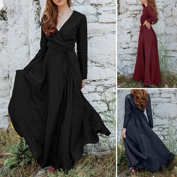 Women Loose Casual Dress Summer Long Sleeve Wrap Dress Cotton Long Dress - BlackFridayBuys