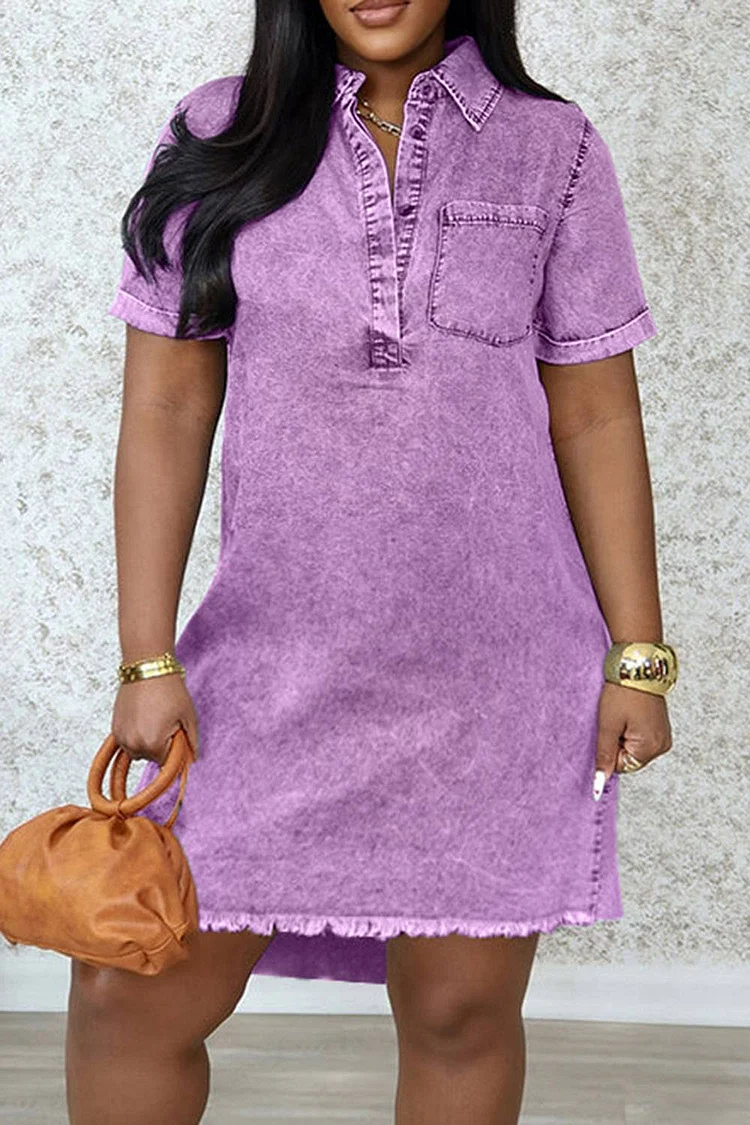 Casual Street Solid Patchwork Turndown Collar Nine Points Sleeve Loose Denim Dresses
