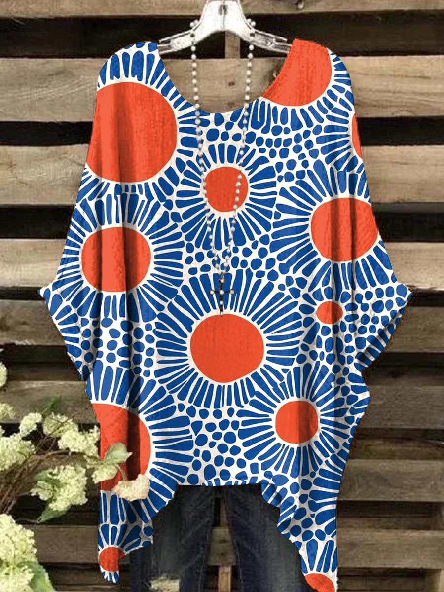 Women's Vintage Abstract Dot Line Art Print Crew Neck Top