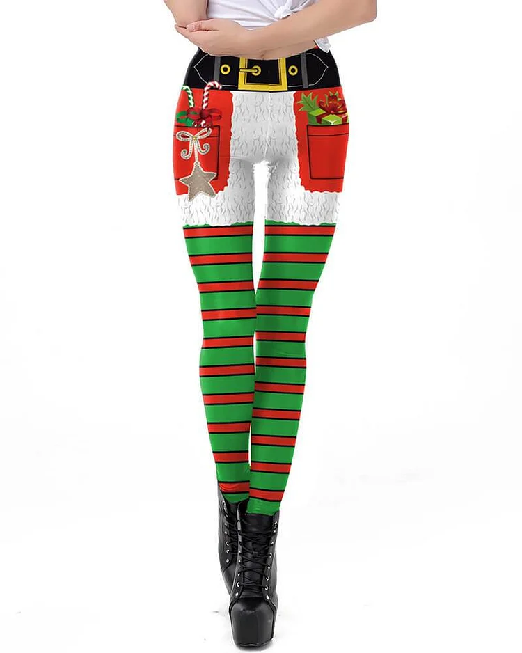 Mayoulove Candy And Gift Shorts Pattern Printed Green Red Christmas Leggings-Mayoulove