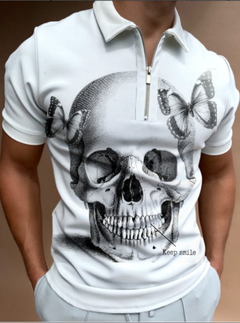 Men's Skull Print Lapel Zip Polo Shirt、、URBENIE