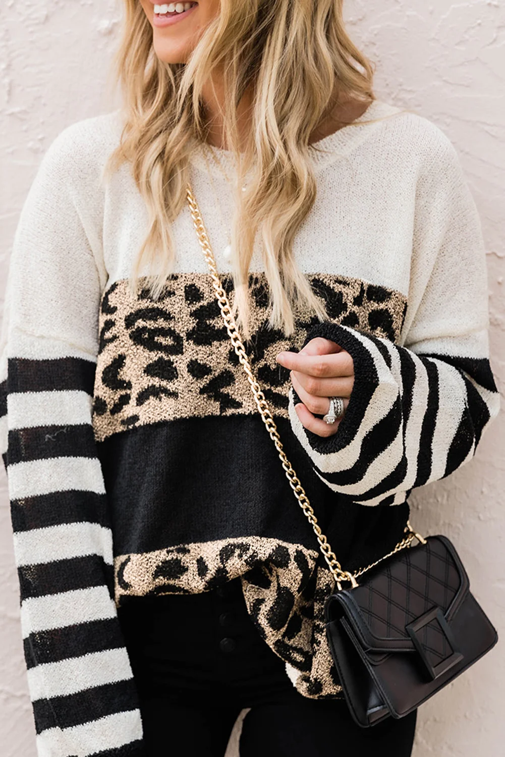 Slouchy Drop-shoulder Leopard Striped Colorblock Sweater | IFYHOME
