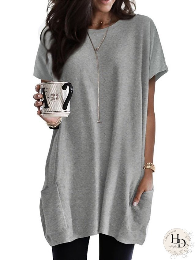 Casual Dress T Shirt Dress Tee Dress Shift Dress Mini Dress Black White Pink Short Sleeve Pure Color Pocket Summer Spring Crew Neck Classic Loose Fit S M L XL XXL for Women