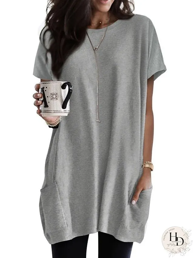 Casual Dress T Shirt Dress Tee Dress Shift Dress Mini Dress Black White Pink Short Sleeve Pure Color Pocket Summer Spring Crew Neck Classic Loose Fit S M L XL XXL for Women