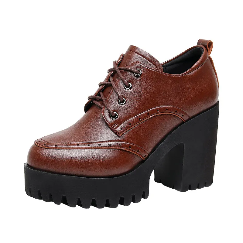 Breakj Breakj Brown Bullock Women's Shoes With English Carved Small Leather Shoes Thick Heel High Heel Waterproof Table Round Head Deep Mouth Single Shoe