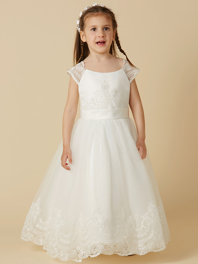 Beautiful Short Sleeve Scoop Neck A-Line Flower Girl Dress Floor Length Lace Tulle With Sash Ribbon Buttons - lulusllly