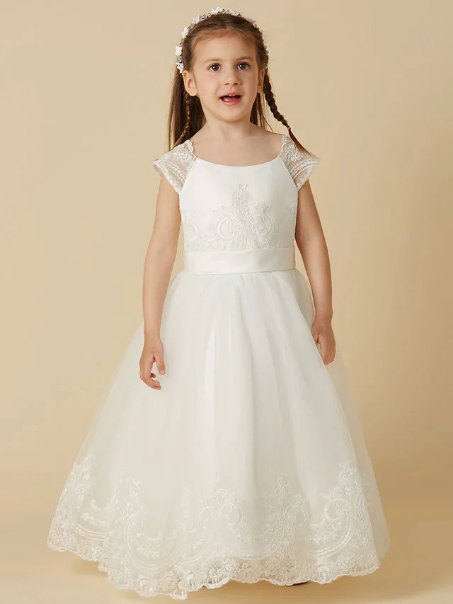 Bellasprom Short Sleeve Scoop Neck A-Line Flower Girl Dress Floor Length Lace Tulle With Sash Ribbon Buttons