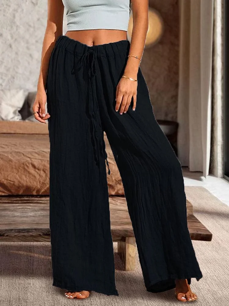 Cotton Casual Loose Soft Drawstring Wide Leg Solid Color Slit Straight Pants