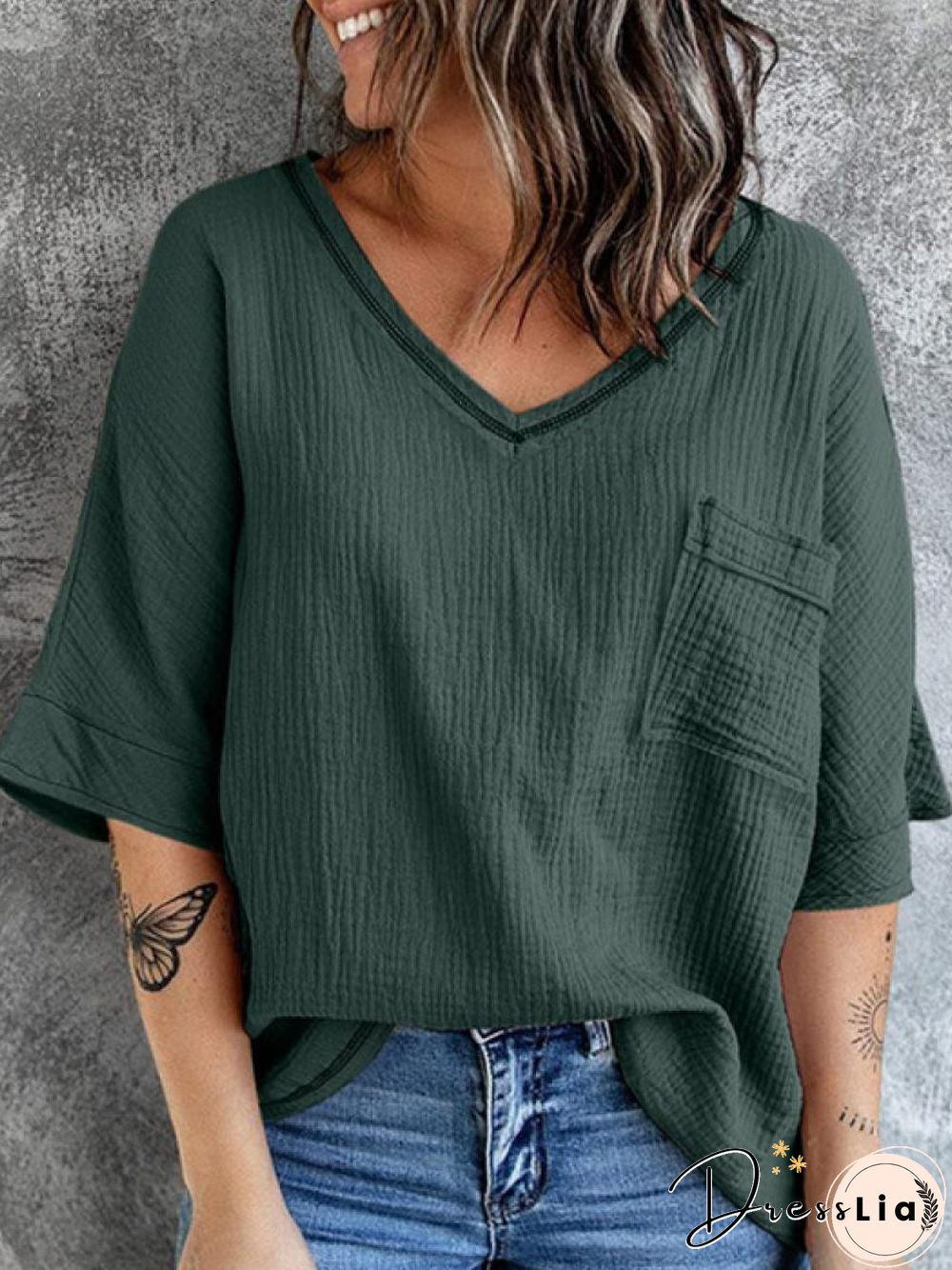 V-neck Solid Color Loose Casual Short-sleeved Blouse Linen