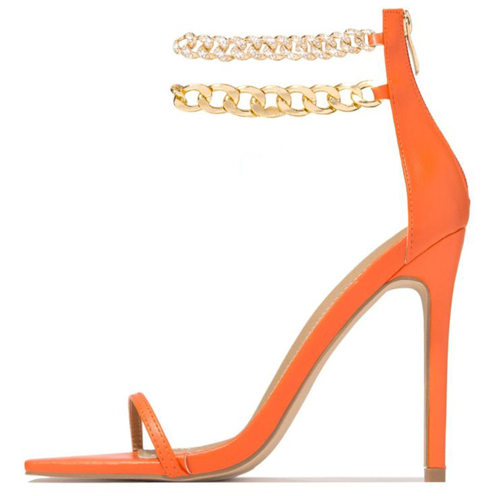 Orange Square Toe 4'' Stiletto Heel Ankle Strap Sandals with Chain Nicepairs
