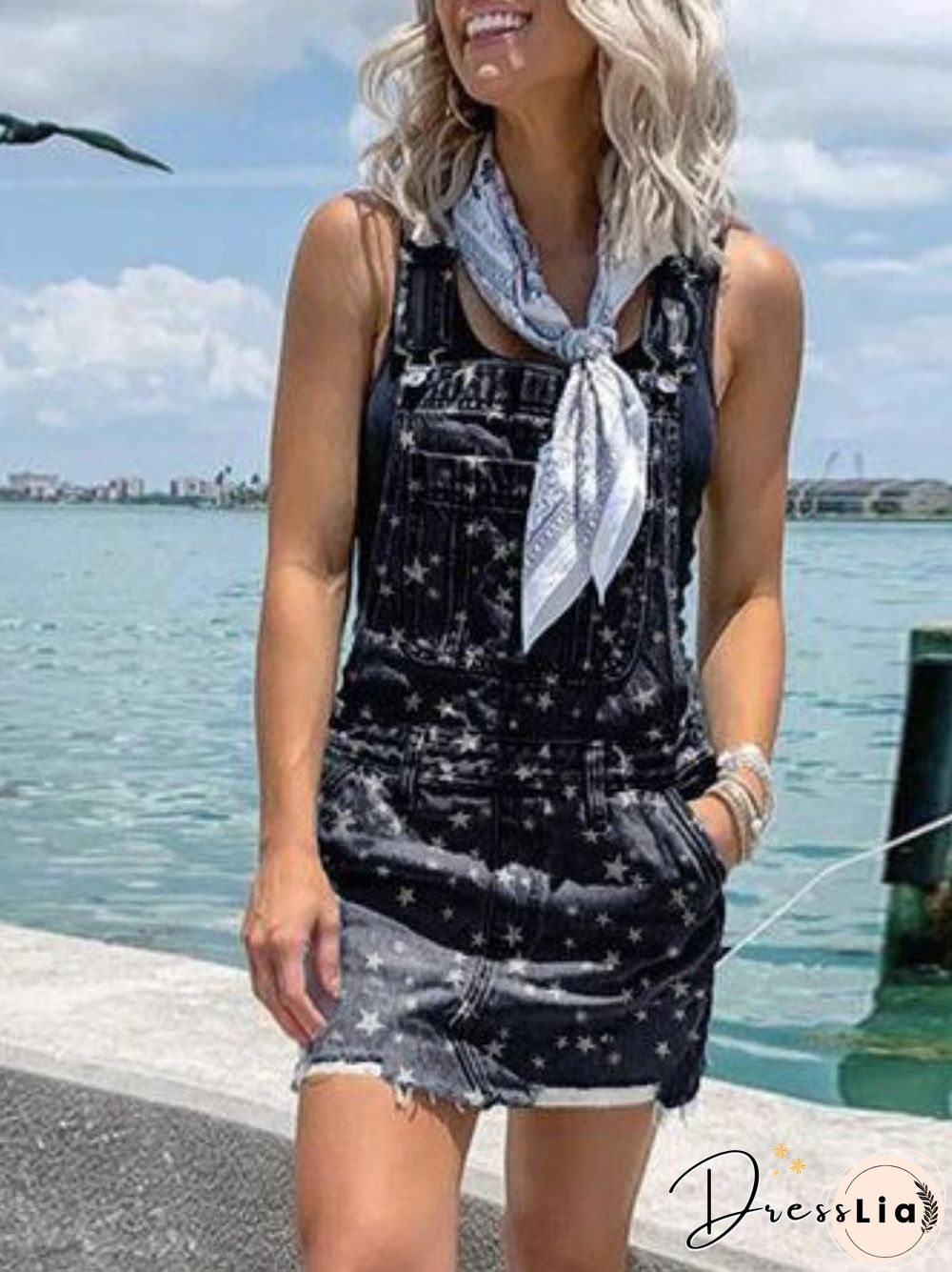 Flag Stars Printed Black Demin Dress