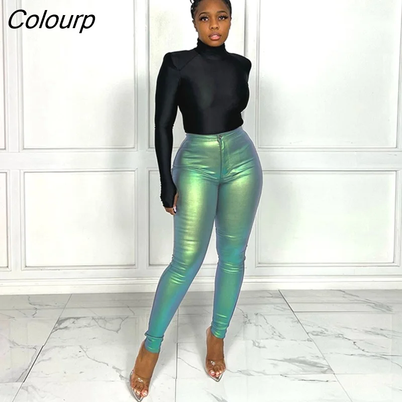 Colourp Simenual Metallic Color Solid Pants Women Pu Leather High Waist Button Zipper Skinny Trousers Casual Hipster Bottoms Y2k Clothes