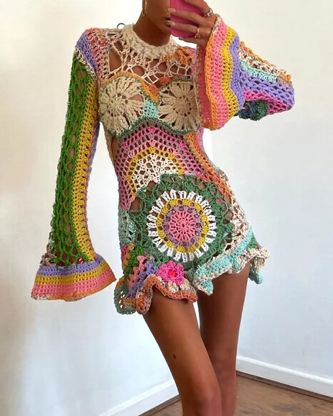 Rainbow Crochet Knitted Mini Dress
